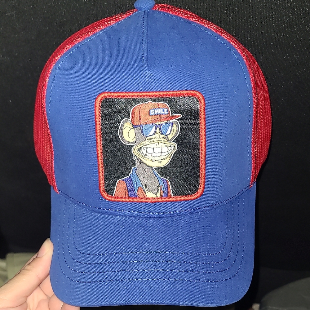 Bored Of Directors Blue and Red Graphic Trucker Hat, Ape Smile, New With Tags